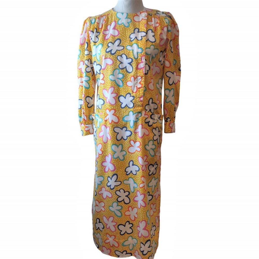 David Brown California Womens Vtg Yellow White Polka Dot Floral L/S Dress P (S)?